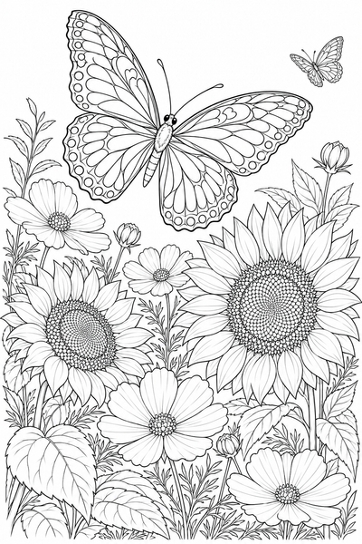 Butterfly & Sunflowers coloring page