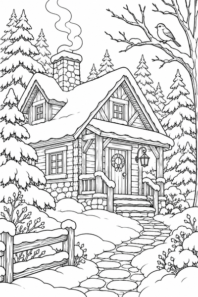 Cozy Winter Cabin coloring page